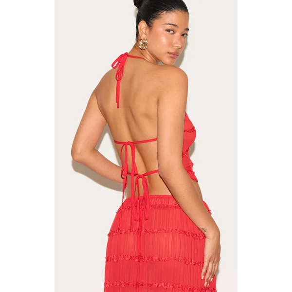 Tomato Chiffon Ruched Frill Detail Halterneck Top