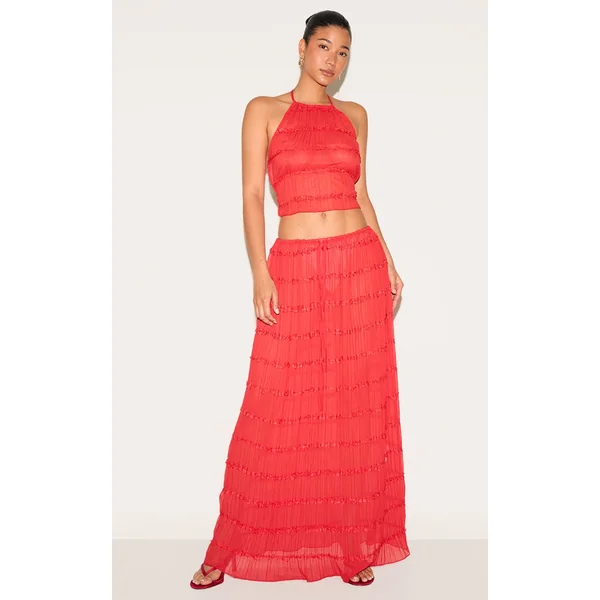 Tomato Chiffon Ruched Frill Detail Tiered Maxi Skirt