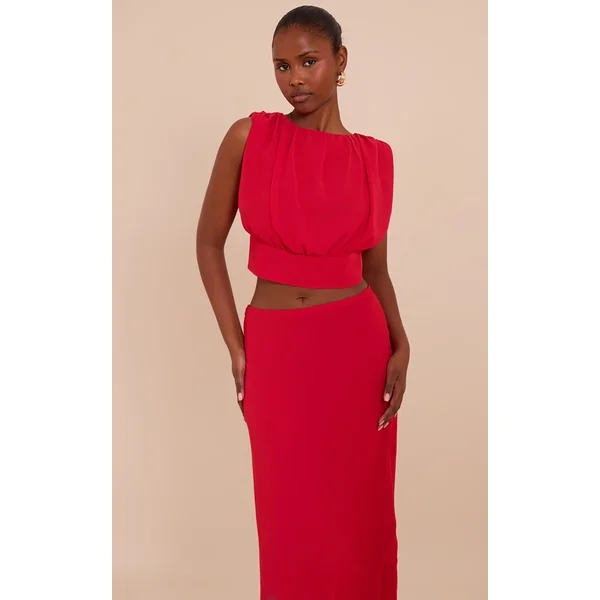 Tomato Red Chiffon Ruched Crop Top