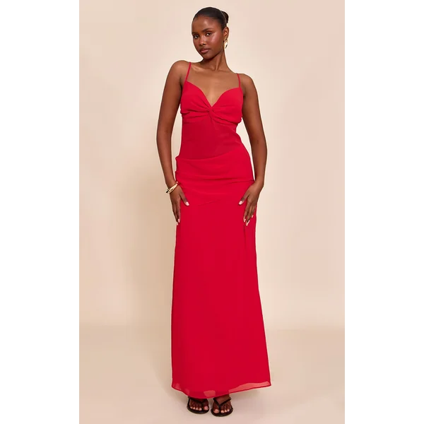 Tomato Red Chiffon Twist Cut Out Maxi Dress