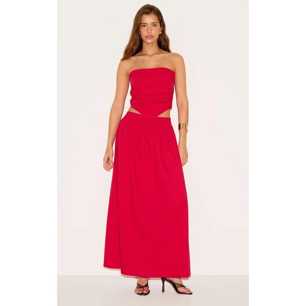 Tomato Red Cotton Poplin A Line Low Rise Maxi Skirt