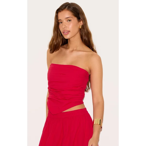 Tomato Red Cotton Poplin Ruched Front Bandeau Top