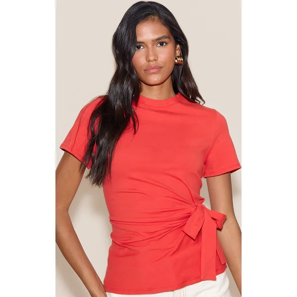 Tomato Red Cotton Tie Detail Oversized T Shirt