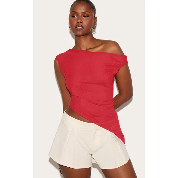 Tomato Red Double Layer Asymmetric Neck Mesh Top