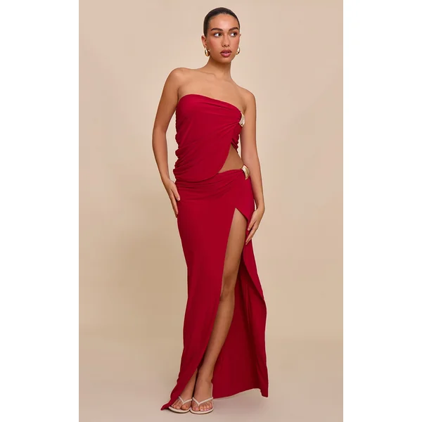 Tomato Red Double Layer Bandeau Trim Detail Maxi Skirt