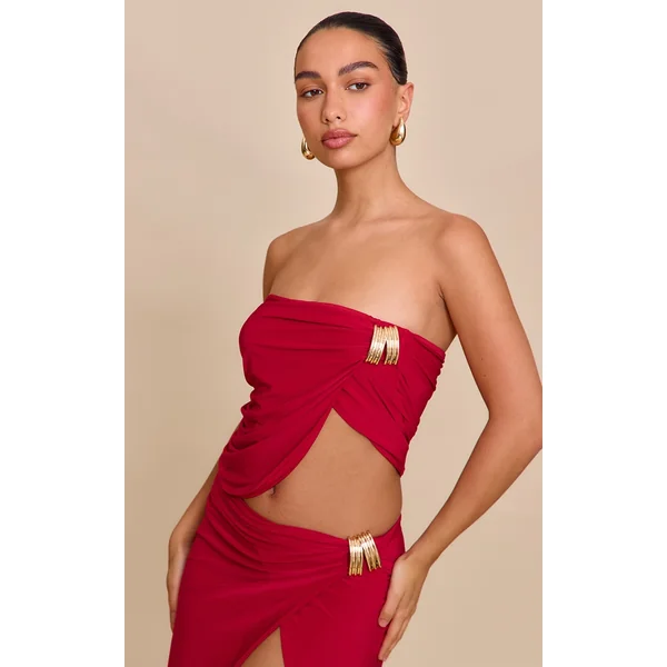 Tomato Red Double Layer Slinky Bandeau Split Hem Trim Top