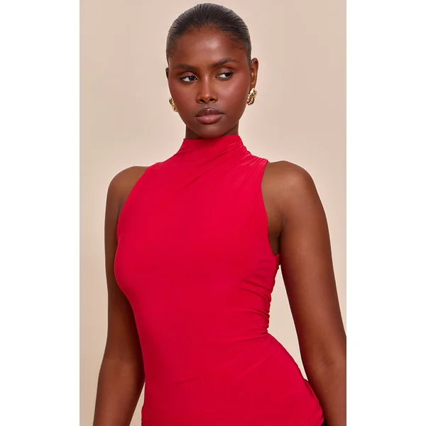 Tomato Red Double Layer Slinky Drapey High Neck Top