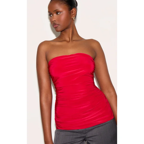 Tomato Red Double Layer Slinky Ruched Bandeau Longline Top