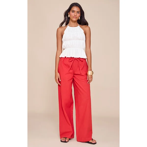 Tomato Red Linen Drawstring Waist Pants