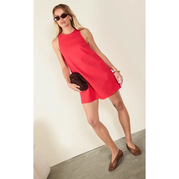 Tomato Red Linen-Blend Tie Back Sleeveless Shift Dress