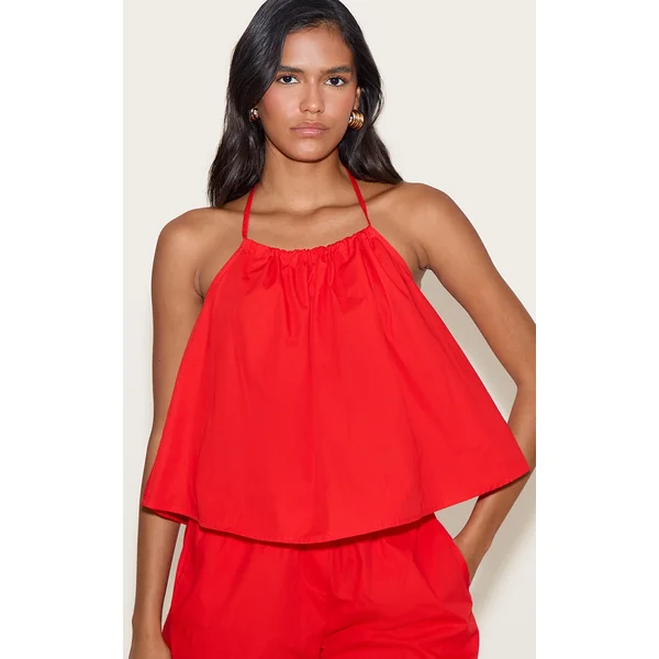Tomato Red Poplin Low Back Halterneck Top