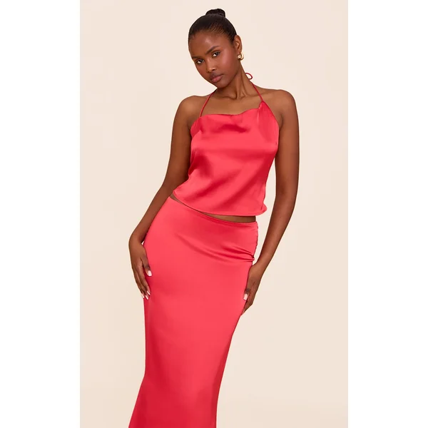 Tomato Red Satin Halterneck Crop Top