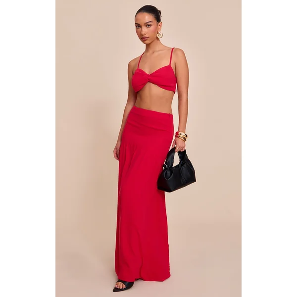 Tomato Red Seam Detail Floaty Linen Maxi Skirt