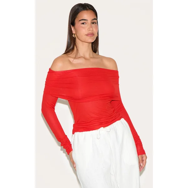 Tomato Red Sheer Soft Touch Fold Over Detail Bardot Long Sleeve Top