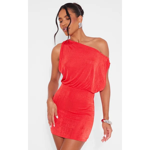 Tomato Red Slinky Acetate Draped Side Bodycon Dress