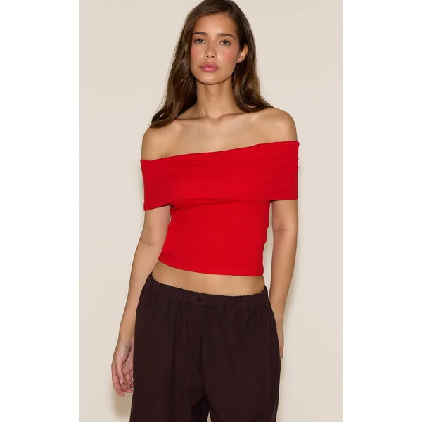 Tomato Red Soft Cotton Bardot Top