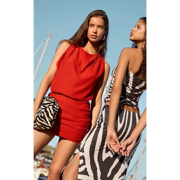 Tomato Red Soft Touch Ruched High Neck Mini Dress