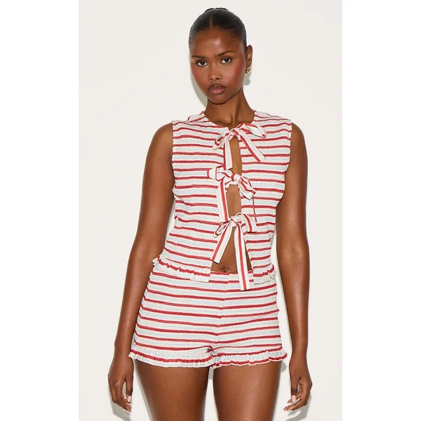 Tomato Red Stripe Tie Front Extreme Shirred Top