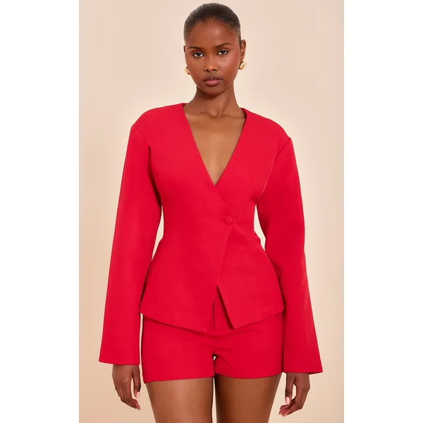 Tomato Red Tailored Cinched Waist Asymmetric Blazer