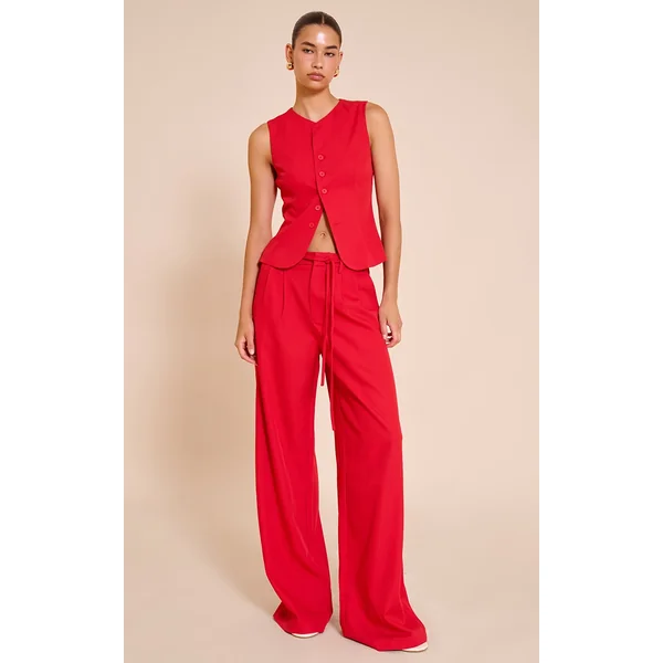 Tomato Red Tailored Tie Detail Woven Wide Leg Pants