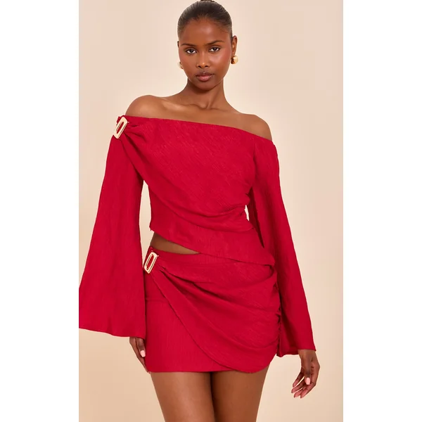Tomato Red Textured Gold Detail Bardot Long Sleeve Top