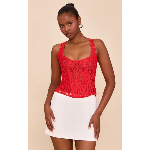 Tomato Red Textured Sheer Floral Square Neck Corset