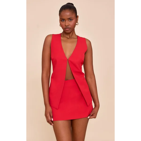 Tomato Red Woven Tailored Hook And Eye Vest