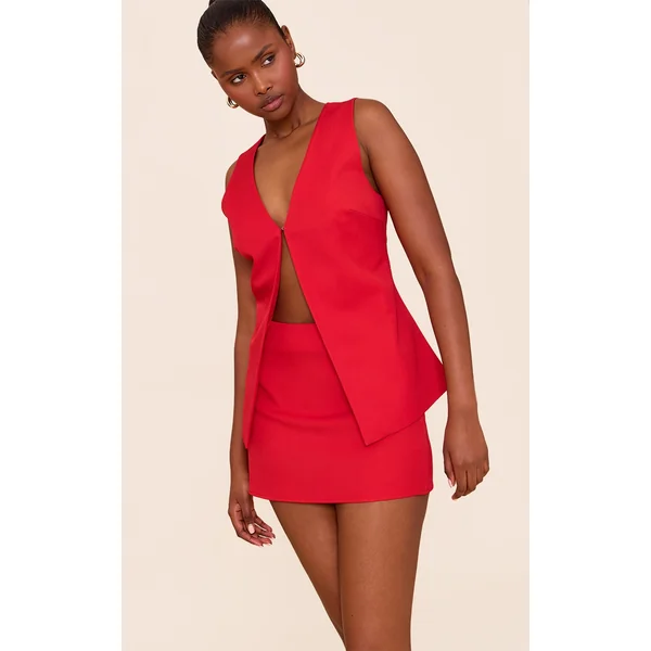 Tomato Red Woven Tailored Mid Rise Mini Skirt