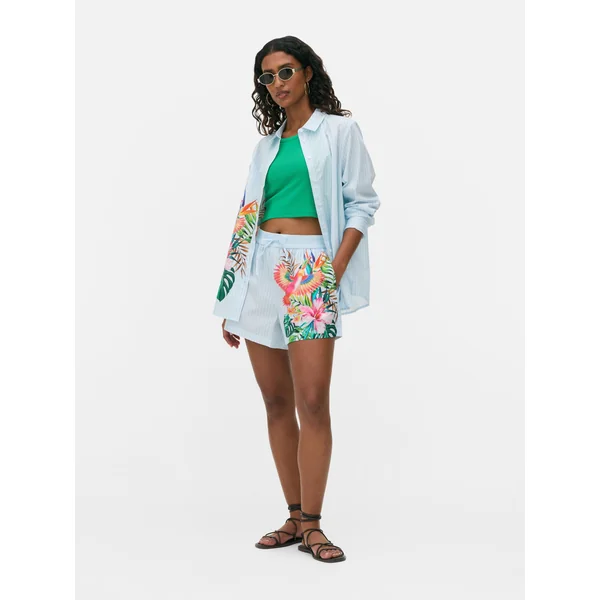 Tropical Parrot Poplin Shorts - Light Blue