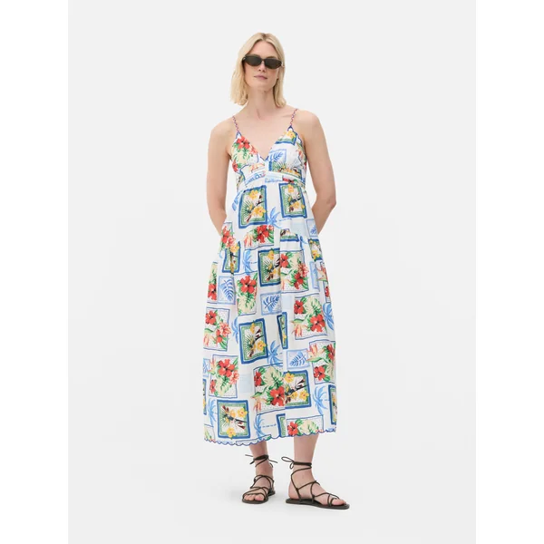 Tropical Postcard Print Midi Dress - Multi