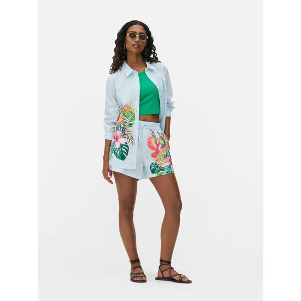 Tropical Print Striped Shirt - Blue