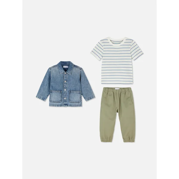 T-Shirt, Pants, and Denim Jacket Set - Olive