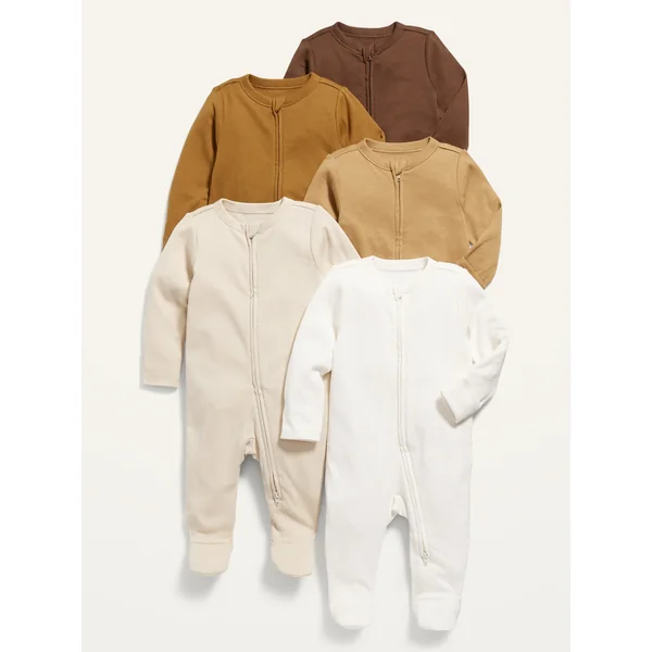 Unisex 2-Way-Zip Sleep & Play Footed One-Piece 5-Pack for Baby - Brown/Squash/Tan/Cream/White