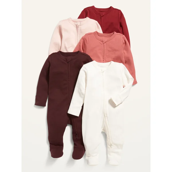 Unisex 2-Way-Zip Sleep & Play Footed One-Piece 5-Pack for Baby - Red/Pale Pink/Pink/Brown/White