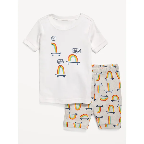 Unisex Snug-Fit Graphic Pajama Set for Toddler & Baby - White Rainbow