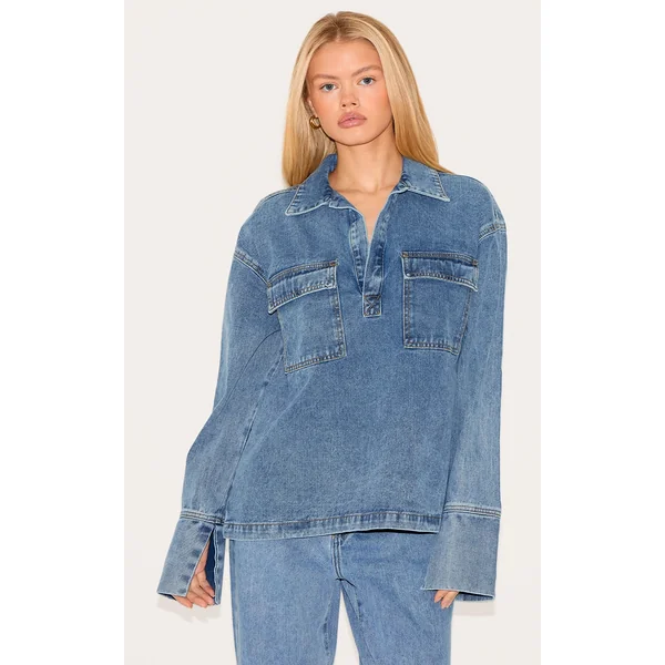 Vintage Blue Long Sleeve Slouchy Denim Rugby Shirt
