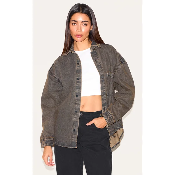 Vintage Brown Dip Hem Button Up Denim Shirt