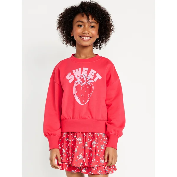 Vintage Oversized Crew-Neck Graphic Sweatshirt for Girls - BRIGHT CERISE