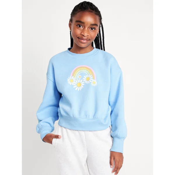 Vintage Oversized Crew-Neck Graphic Sweatshirt for Girls - Cashmere Blue