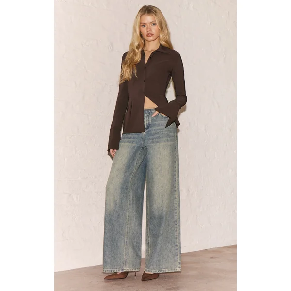 Vintage Raw Waist Mid Rise Wide Leg Jeans