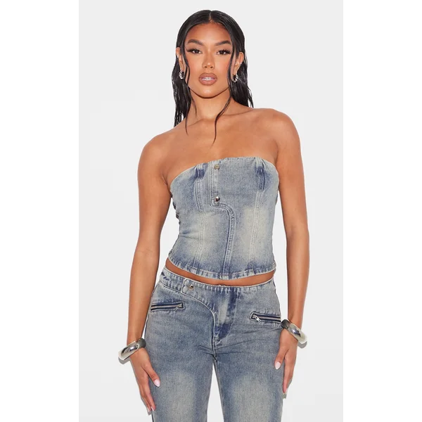 Vintage Seam Detail Strapless Denim Bandeau Top