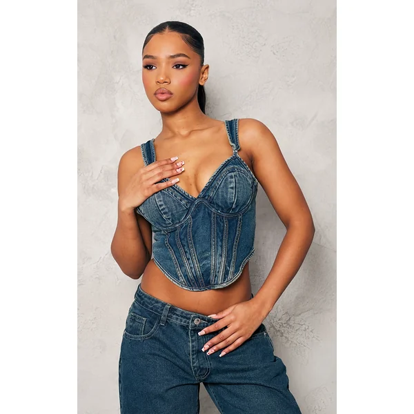 Vintage Wash Dip Hem Bust Cup Denim Corset