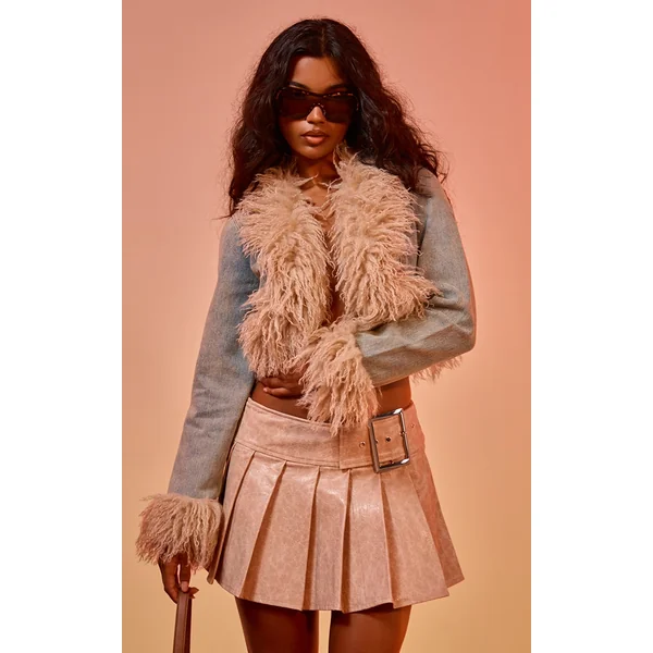 Vintage Wash Faux Fur Trim Cropped Denim Jacket