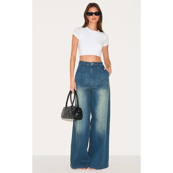 Vintage Wash Mid Rise Wide Leg Style Jeans