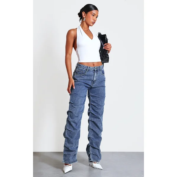Vintage Wash Ruched Straight Leg Denim Jeans