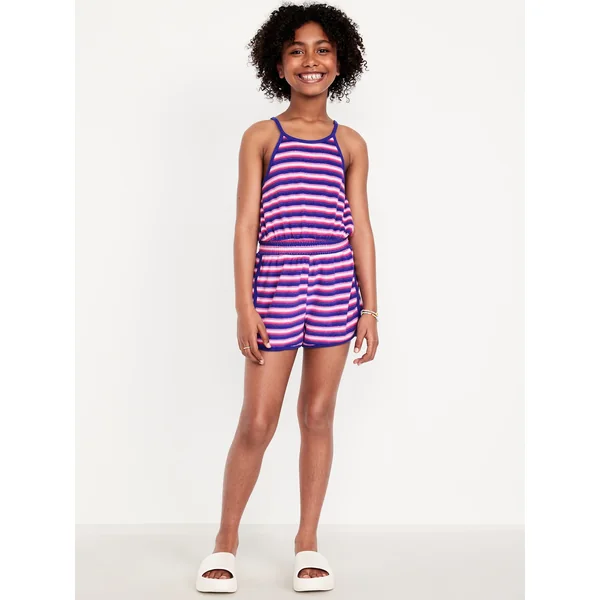Waist-Defined Terry Romper for Girls - Cool Stripe