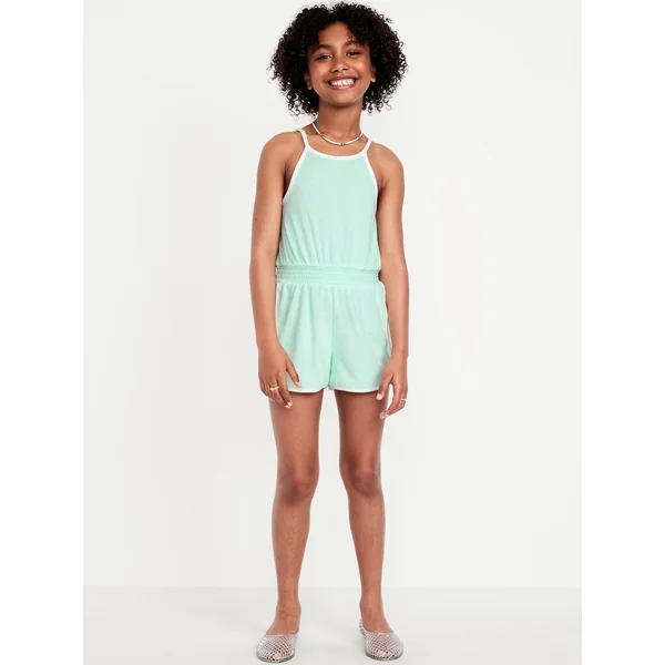 Waist-Defined Terry Romper for Girls - Mint Green