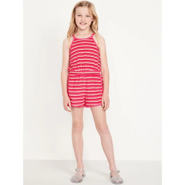 Waist-Defined Terry Romper for Girls - Warm Stripe