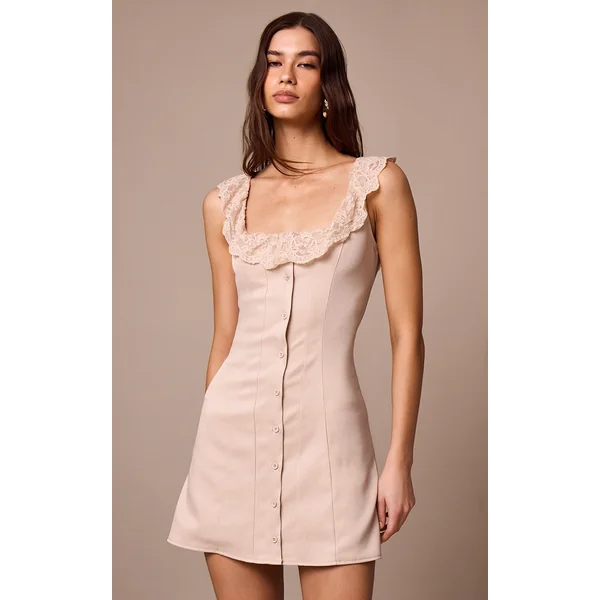 Warm Beige Lace Button Up Trim Corset A-line Dress