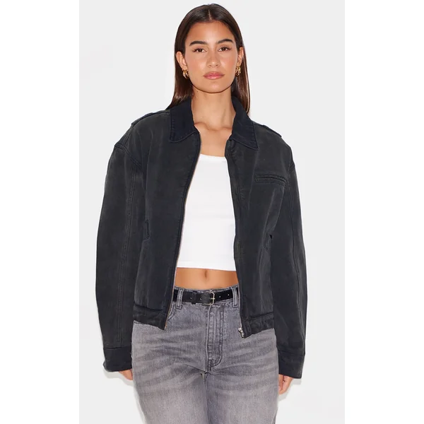 Washed Black Boxy Seam Detail Denim Carpenter Jacket
